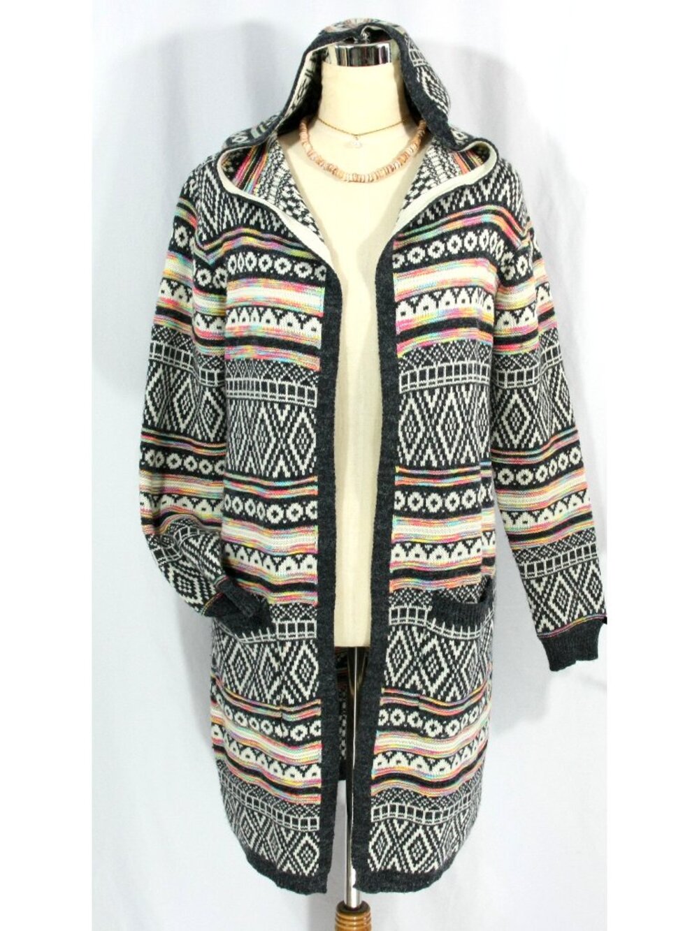 Monteau Fair Isle Stripe Open Front Hoodie Duster Sweater Cardigan Wrap M L